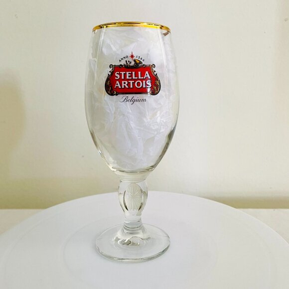Stella Artois Beer Glass 8" Tall With Gold Rim Belgium Design For Collectors - Picture 11 of 13